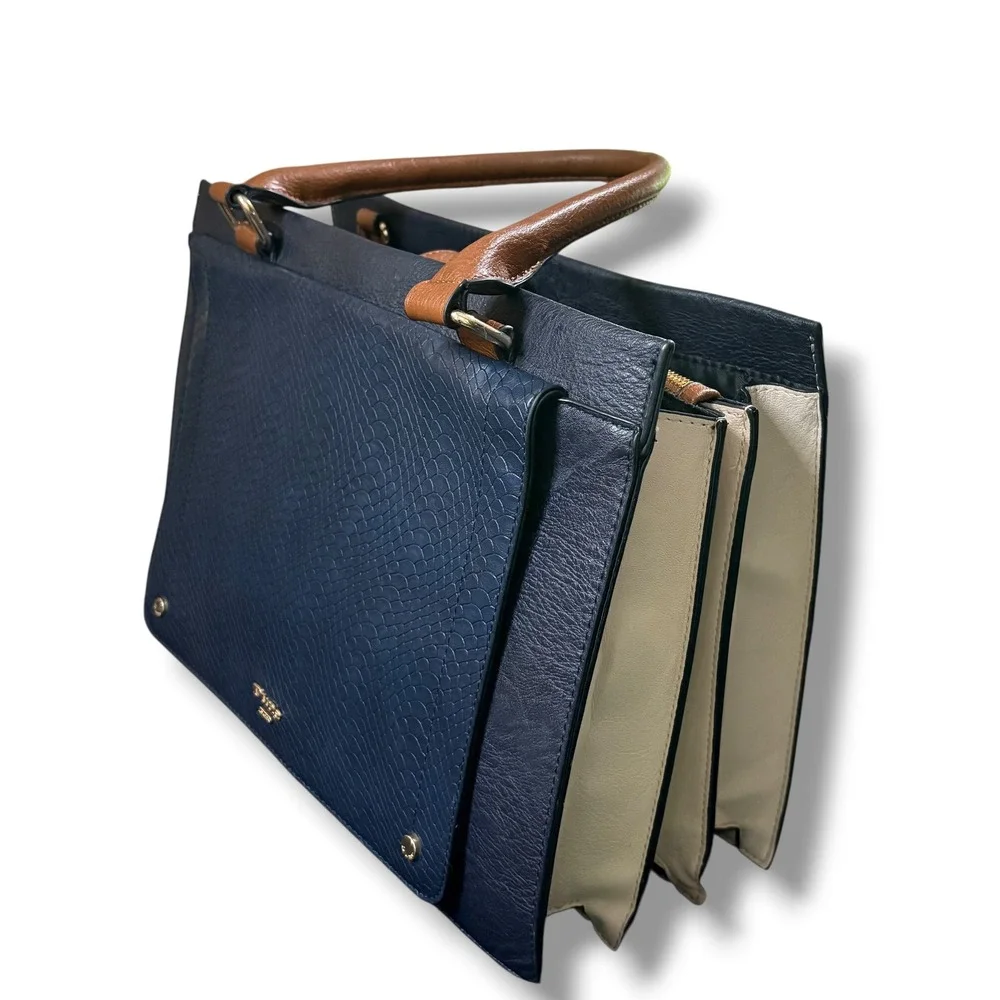 Dune London Navy Blue Snakeskin Embossed Satchel Bag Tan Handles Gold Hardware